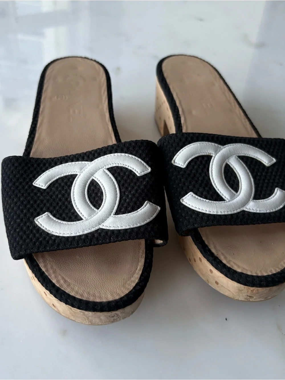 CHANEL Black and White Logo Slide Sandals Size 39.5